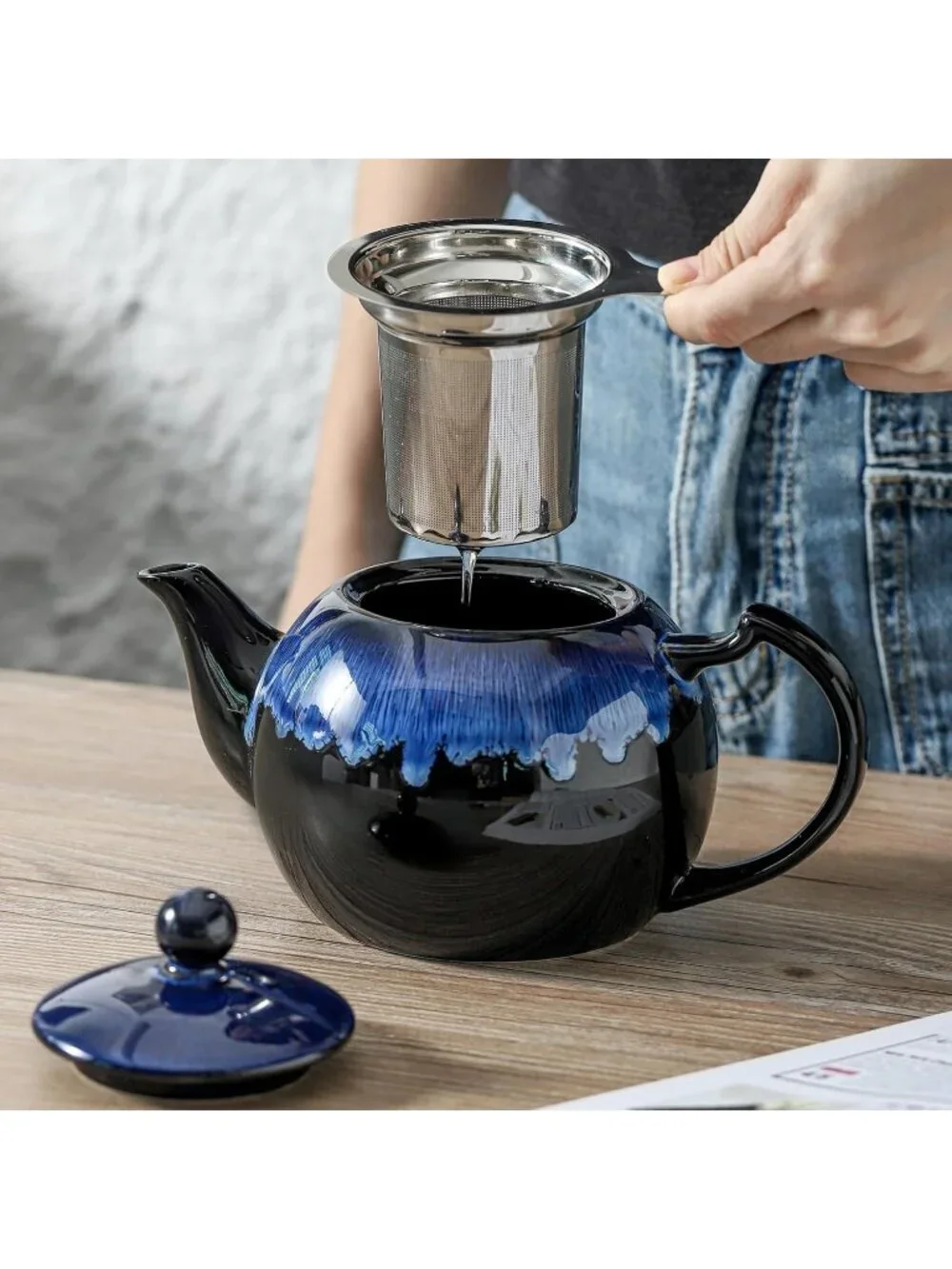 Nebula Blue Ceramic Kitchen Teapot with Infuser 34OZ 6 Cups Loose Tea Strainers